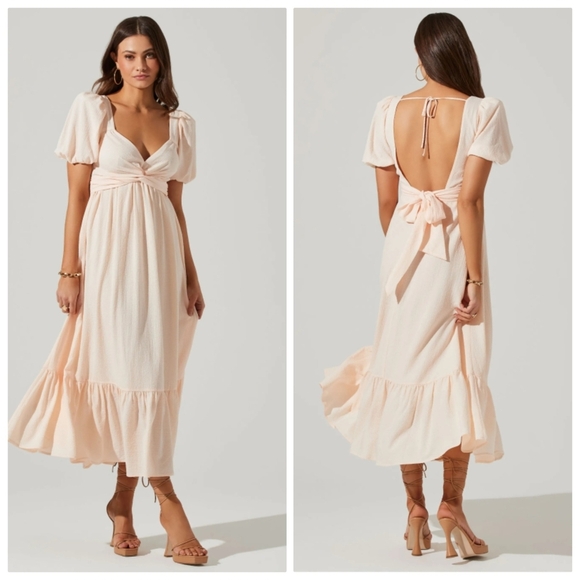 New ASTR The Label Tie Back Puff Sleeve Cream Midi Dress Medium NWT - Picture 1 of 11